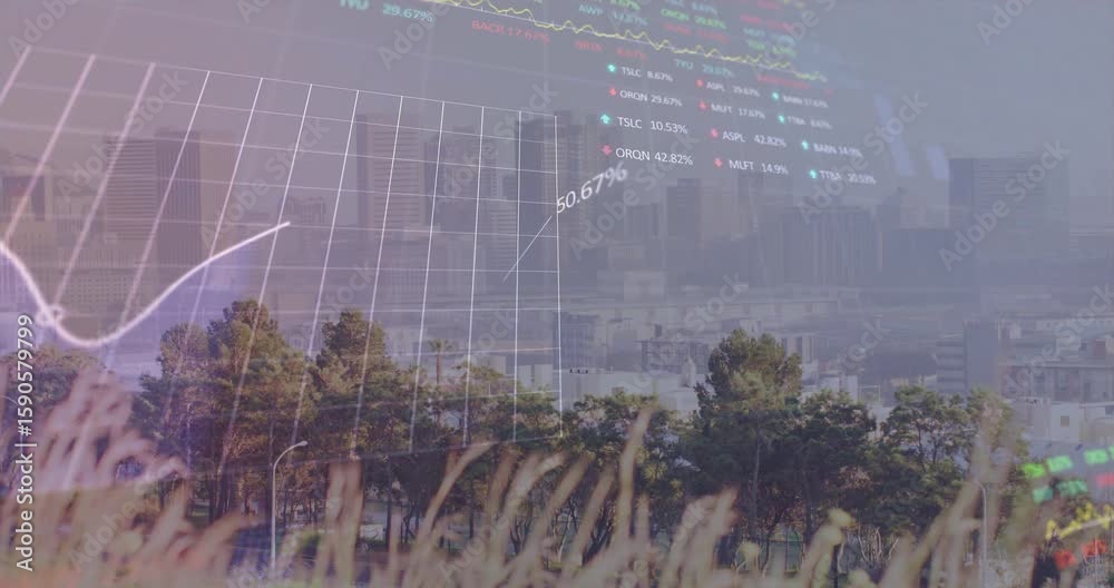 Poster data grid fading over skyline, graph animating labels, rings forming then fading visualizing data