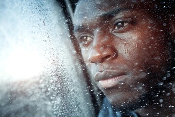 Digital data streams mix with reflection in train window scene. Global disconnection. Harvard study shows lack of human contact fuels youth unhappiness. Youth well-being. Technology and youth.