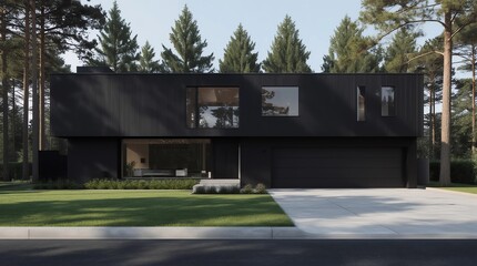 Perspective of black and white modern luxury house with green lawn yard on tree background, Idea of minimal architecture with garage door. 3D rendering