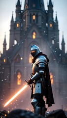 Medieval Knight with Sword Standing Before Gothic Cathedral
