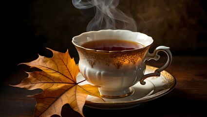 Cozy Autumn Tea with Maple Leaf Still Life