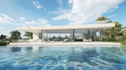 Perspective of luxury modern house with swimming pool in day time on green lake background, Idea of minimal architecture design. 3D rendering