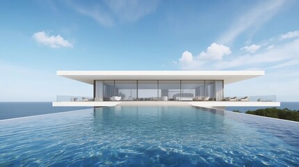 Perspective of luxury modern house with swimming pool in day time on green lake background, Idea of minimal architecture design. 3D rendering