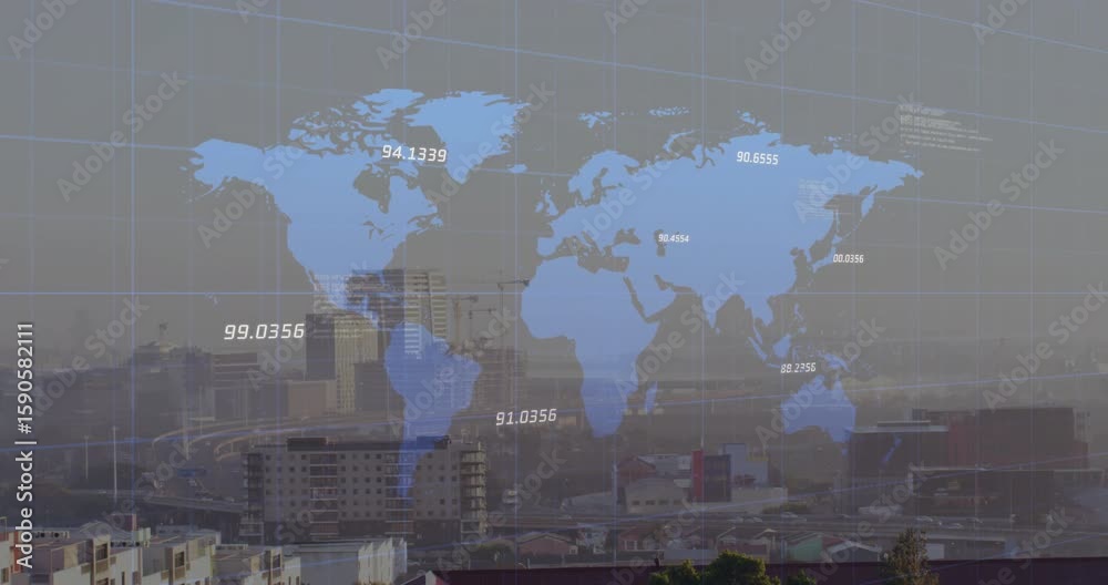 Poster blue world map fading in with grid overlay while numeric labels pulsing to visualize data