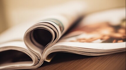 Open magazine with curled page forming a heart shape on a wooden surface