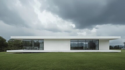 Perspective of white modern building on huge tree and mountain background,Idea of minimal architecture design. 3D rendering