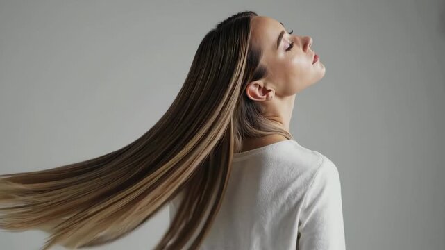 Graceful hair flip movement showcasing flowing long hair elegance