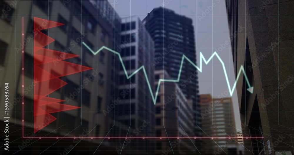 Wall mural on playback start chart overlay showing red bars tracing line on 3d grid showing market trends