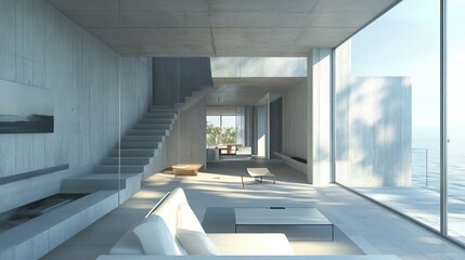 Fototapeta premium Minimalist Concrete House Interior With Ocean View Luxury Home Design