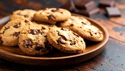 Chocolate chip cookies on a wooden plate