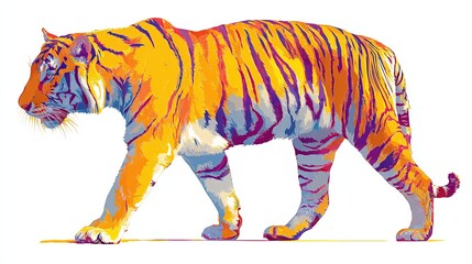 Colorful tiger illustration walking left in vibrant orange, yellow, and purple hues