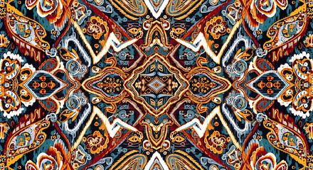 Fototapeta premium Symmetrical pattern showcases intricate paisley designs with vibrant colors, perfect for fabric, wallpaper and textile design with creative flair.