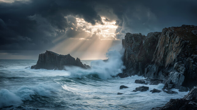 Crashing ocean waves against jagged cliffs, storm clouds rolling in with shafts of light