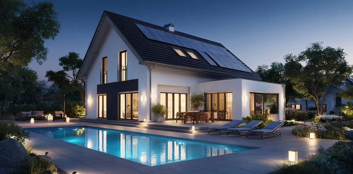 3D rendering of a modern house with solar panels on the roof and a swimming pool in the garden at evening time. The home's exterior is designed with white walls and black tiles for the windows