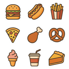 American Fast Food Icon Set – Flat Cartoon Style