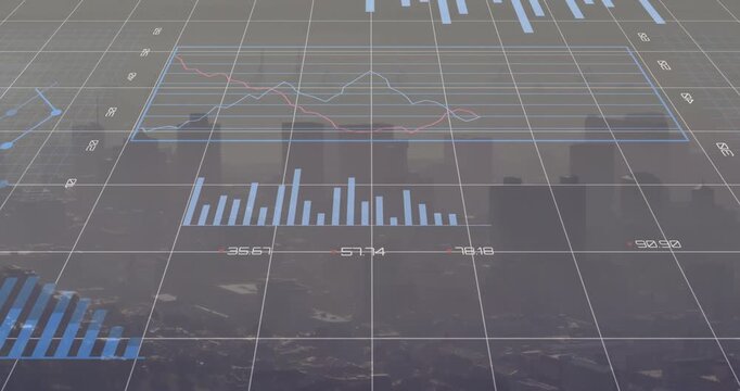 Opening hologram display spawning pies merging into donut growing bars and animating trend lines