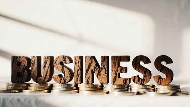 Wooden business letters on coins stack for financial growth concept