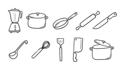 Extensive Set of Hand-Drawn Kitchen Utensils and Appliances for Cooking and Baking Themes