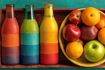 Colorful Bottles and Fresh Fruits Arranged Against a Bold Background