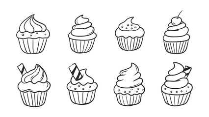Collection of Eight Hand-Drawn Cupcakes and Muffins with Various Toppings and Decorations