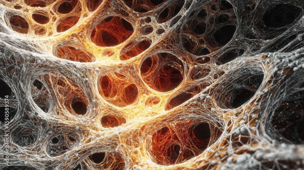 Poster microscopic view shows a complex structure of interconnected fibers responding to external stimuli, 