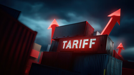 Stacked shipping containers with glowing red text tariff and rising red arrows representing global tariff increase.