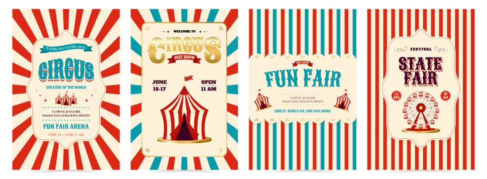Vintage poster set. Circus, state fair and fun fair horizontal banners. Design for events, festival, carnival, party, performance, advertising and more. Retro vector illustration