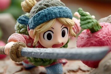 Close Up of a Toy Figure Holding a Sword in a Playful Pose
