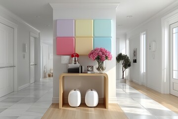 Minimalist Entryway with Pastel Wall Art and Wooden Console Table