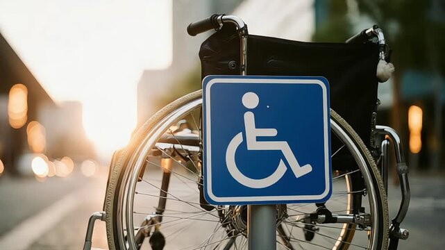 Accessibility sign and wheelchair in an urban setting outdoors