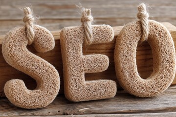 Rustic Textured Letters Spelling SEO on a Wooden Surface