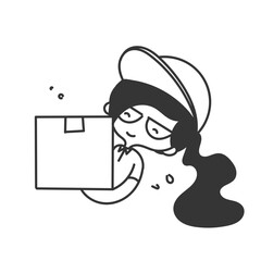 cute female package courier holding package in cartoon doodle