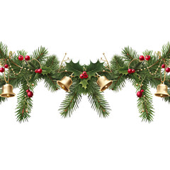 Festive garland featuring lush greenery, red berries, and golden bells, perfect for holiday decorations.