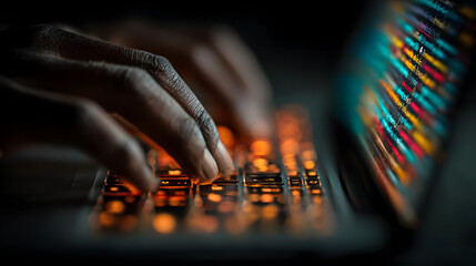 A hand is typing on a laptop keyboard with colorful lines and numbers. Concept of creativity and innovation, as the hand is using the keyboard to input data or code