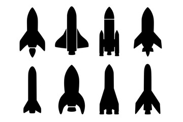 Fototapeta premium Variety of Rocket Silhouettes in Black on White Background
