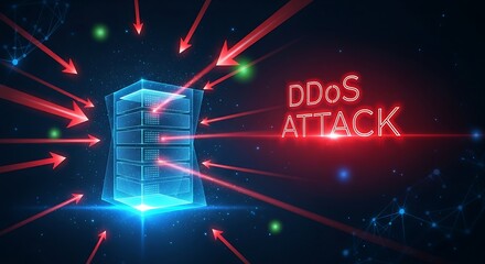 DDoS (Distributed Denial-of-Service) attack concept. A holographic server is bombarded by red arrows, with a "DDoS ATTACK" warning flashing.