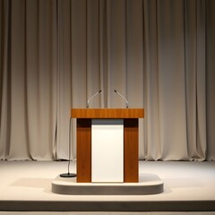 Modern empty stage speech podium with microphones under soft lighting.A modern empty stage podium with attached microphones and spotlight lighting perfect for speech event or conference use.