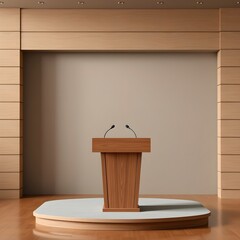 Modern empty stage speech podium with microphones under soft lighting.A modern empty stage podium with attached microphones and spotlight lighting perfect for speech event or conference use.