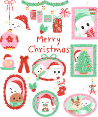 Merry Christmas Ghost Frames Clipart, Spooky Happy Holiday Illustration 
