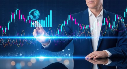 Photo of a businessman interacts with a holographic stock market analysis interface, symbolizing the future of finance, digital technology, and global investment strategies