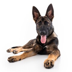 Playful German Shepherd Puppy Portrait Showing Tongue on White Background