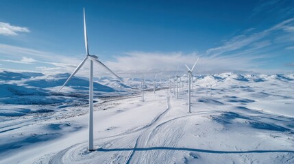 Fototapeta premium Harnessing the Wind's Power: A modern wind turbine landscape generates clean energy amidst a serene, snow-covered terrain under a bright sky, signifying sustainability and technological advancement.