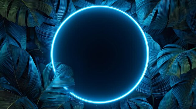 Neon circle framed by dark blue tropical leaves (1)