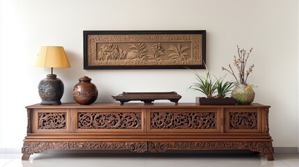 Ornate Wooden Cabinet With Asian Art And Decorative Objects On Display
