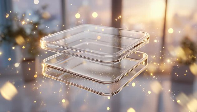 Two stacked, clear glass rectangular trays against a softly lit, blurred background with golden sparkles