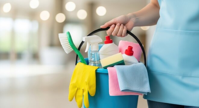 Photo of a cleaning lady carries a bucket full of cleaning supplies, ready to tackle any mess