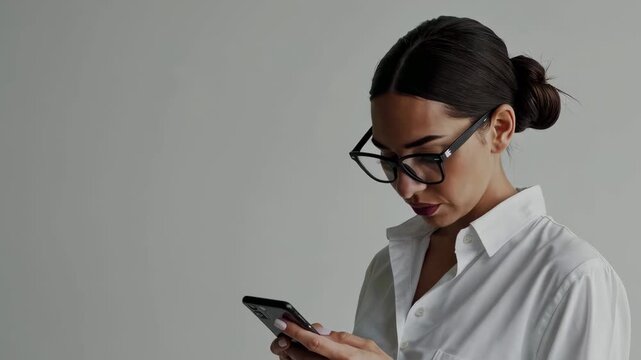 Focused woman engaging with smartphone in minimalist setting