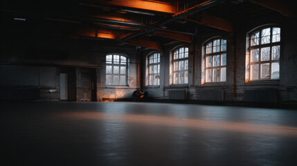 Spacious industrial room with large windows allowing warm light to filter in, creating serene atmosphere