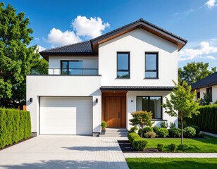 An elegant white minimalist house with a background of clouds and blue sky.