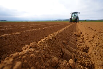 Tilled Field with Tractor in Distance - Agricultural Landscape